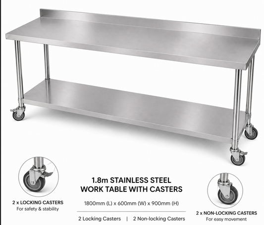Stainless Steel Workbench 1800mm 2-Tier With Splashback 304 Grade