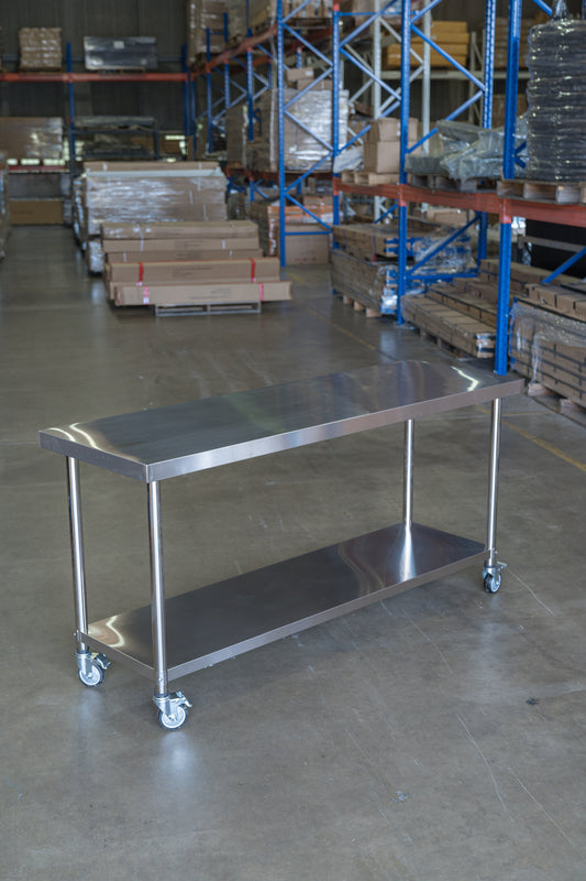 1500mm(L) X 600mm(D) X 900mm(H) 304 Stainless Steel Workbench with Wheels – 2-Tier Commercial Kitchen Prep Table, Outdoor BBQ Table, Food Prep & Garage Work Table