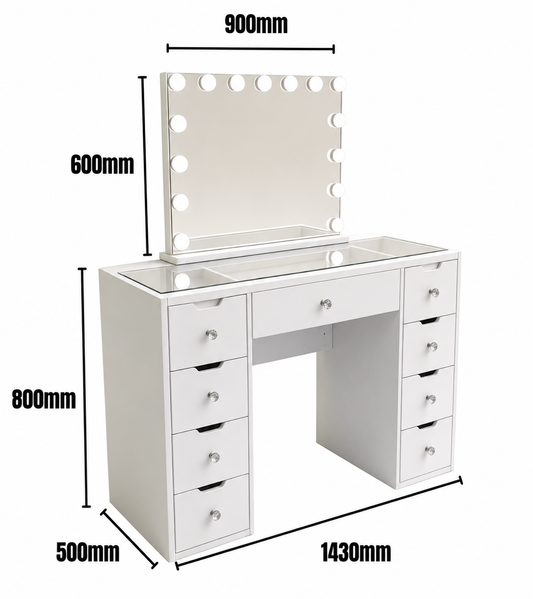 1430mm (with stool) White Glass Top Vanity Dresser with LED Mirror and 9 Drawers, 1430mm