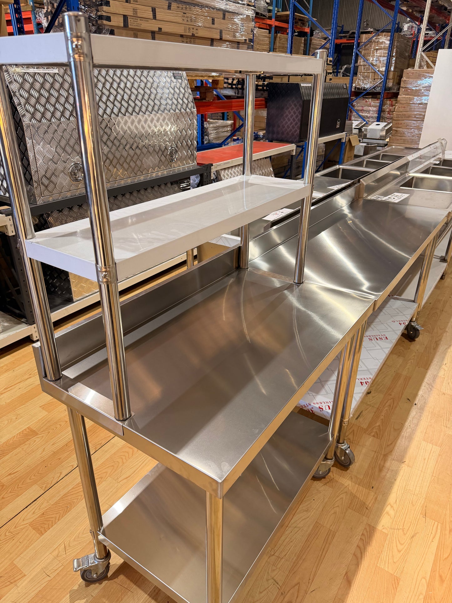 Stainless Steel Work Bench 1000MM W x 600MM D with splashback & bench top shelf 2 tier combo