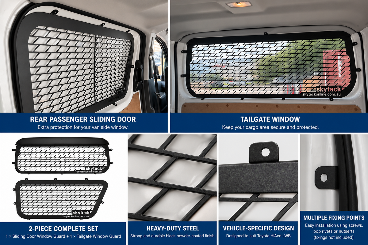 Toyota HiAce LWB Window Guard Set (2019-current) – Sliding Door & Tailgate (2PCS)
