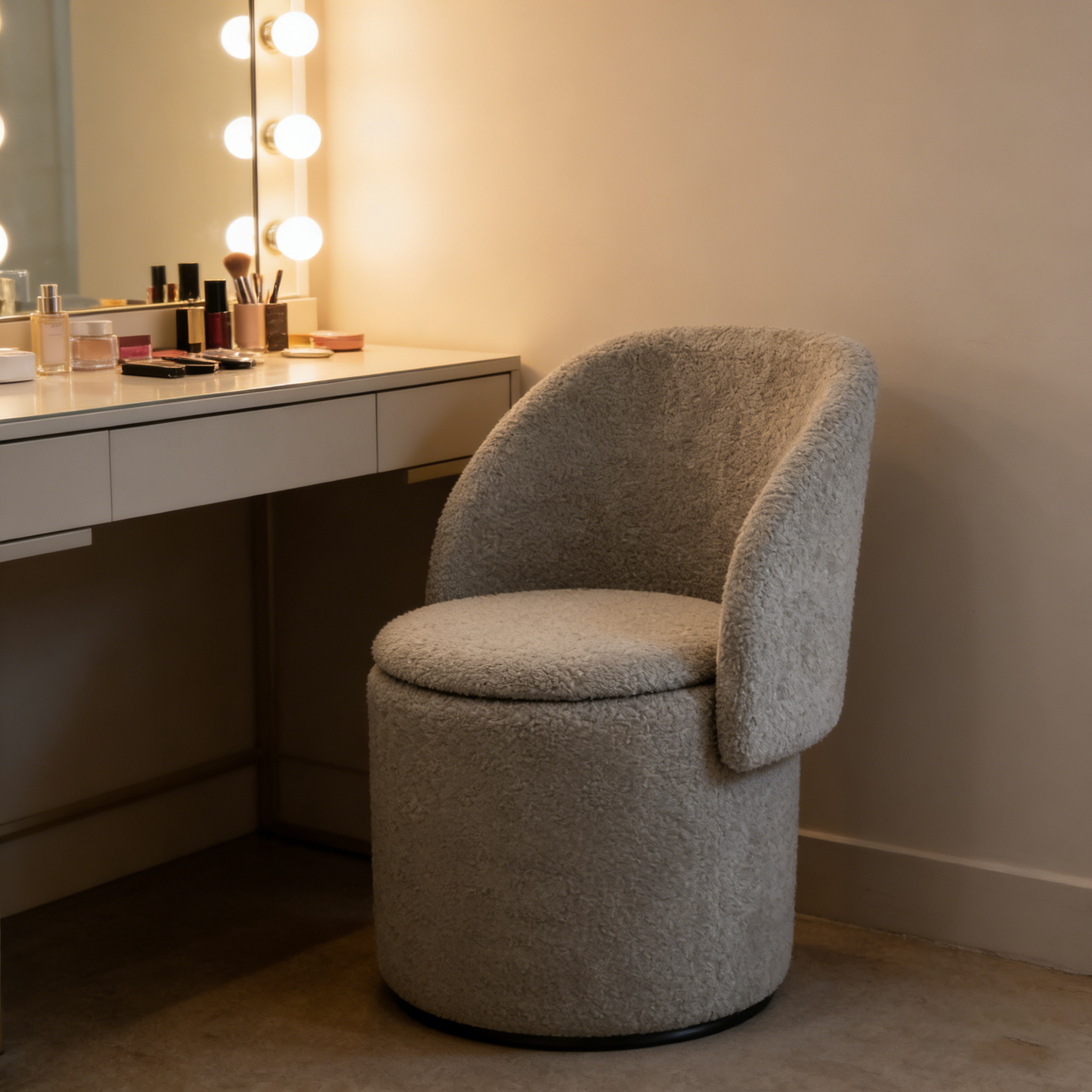 Grey Vanity Stool with Storage | Foldable Ottoman Chair with Backrest for Bedroom & Dressing Table