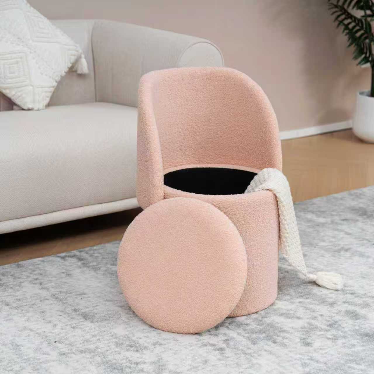 Vanity Stool with Storage and Foldable Backrest, Pink, 51×46.5×71cm