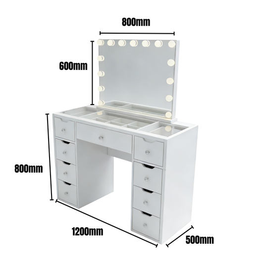 1200mm (with stool) White Glass Top Vanity Dressing Table with LED Mirror and 9 Drawers