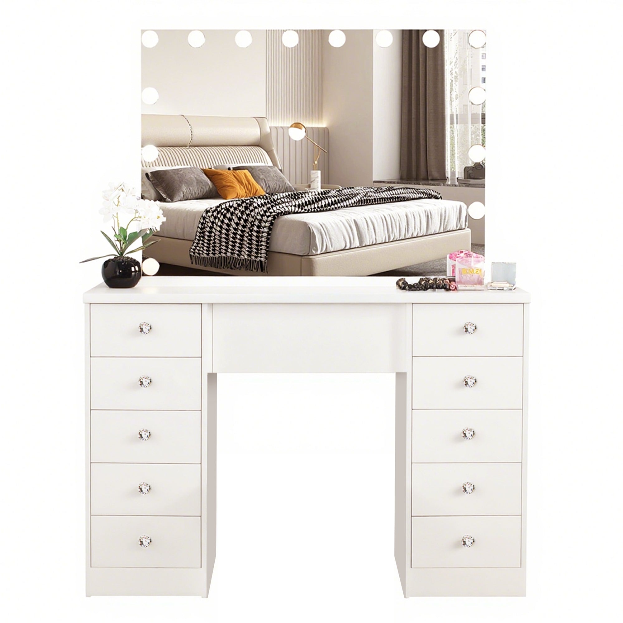 (Flat Packed) KL-DS07 1200mm (L)  WHITE MAKE-UP DRESSER TABLE WITH LED MIRROR WITH 10 DRAWERS  (NO STOOL)