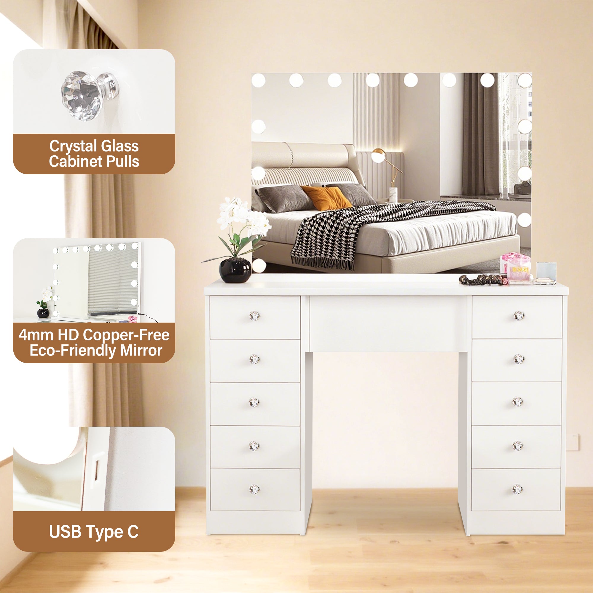 (Flat Packed) KL-DS07 1200mm (L)  WHITE MAKE-UP DRESSER TABLE WITH LED MIRROR WITH 10 DRAWERS  (NO STOOL)