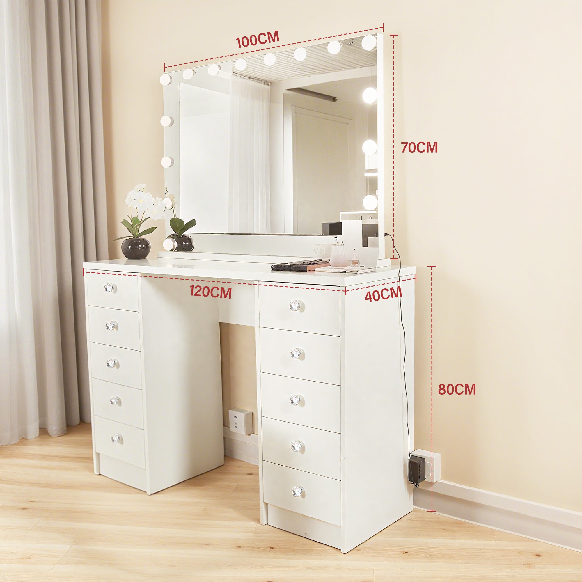 (Flat Packed) KL-DS07 1200mm (L)  WHITE MAKE-UP DRESSER TABLE WITH LED MIRROR WITH 10 DRAWERS  (NO STOOL)
