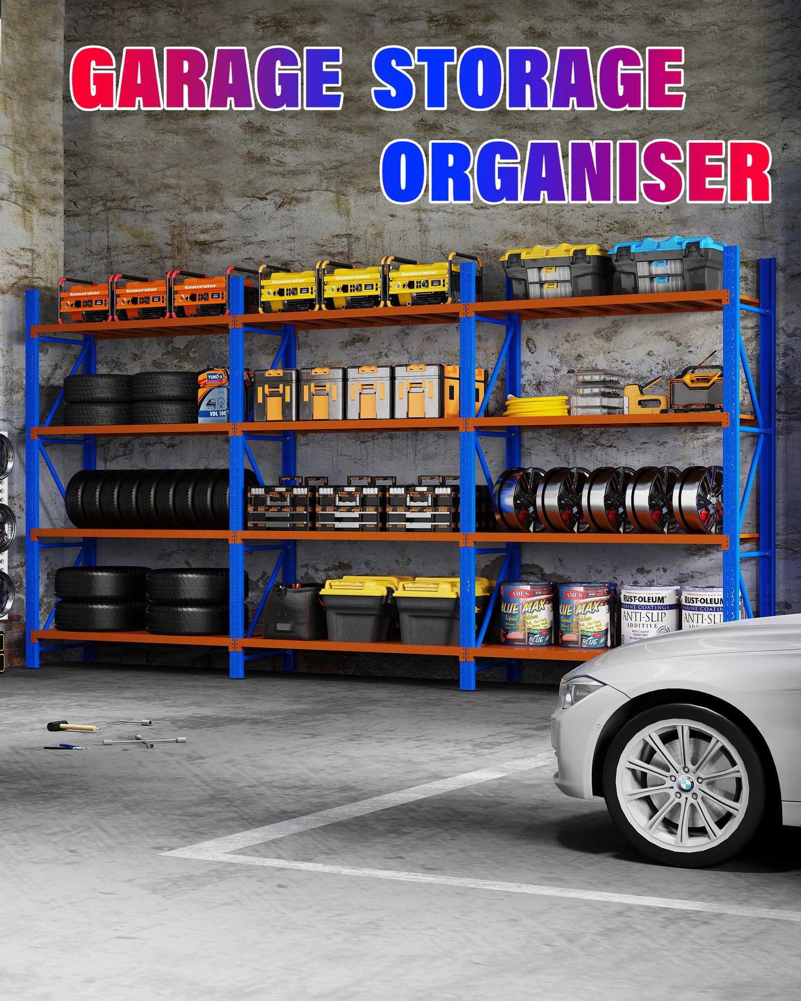 6M(L) X 1.8M(H) X 0.6M(D) Heavy Duty Metal Steel Shelving – Garage & Warehouse & Workshop Racking BLUE AND ORANGE 6018