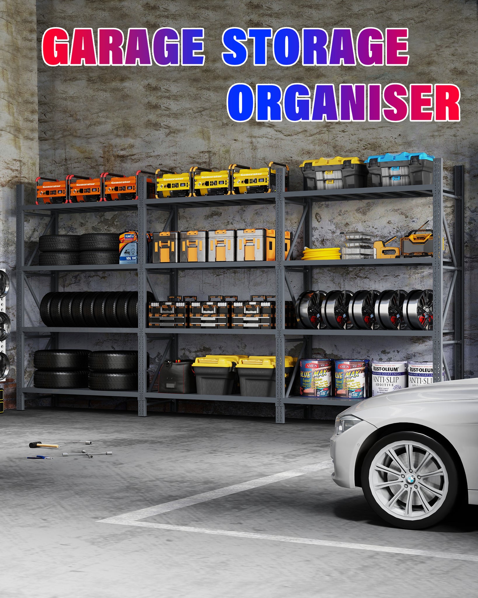 6M(L) X 2.4M(H) X 0.6M(D) Heavy Duty Metal Steel Shelving – Garage & Warehouse & Workshop Racking CHARCOAL 6024