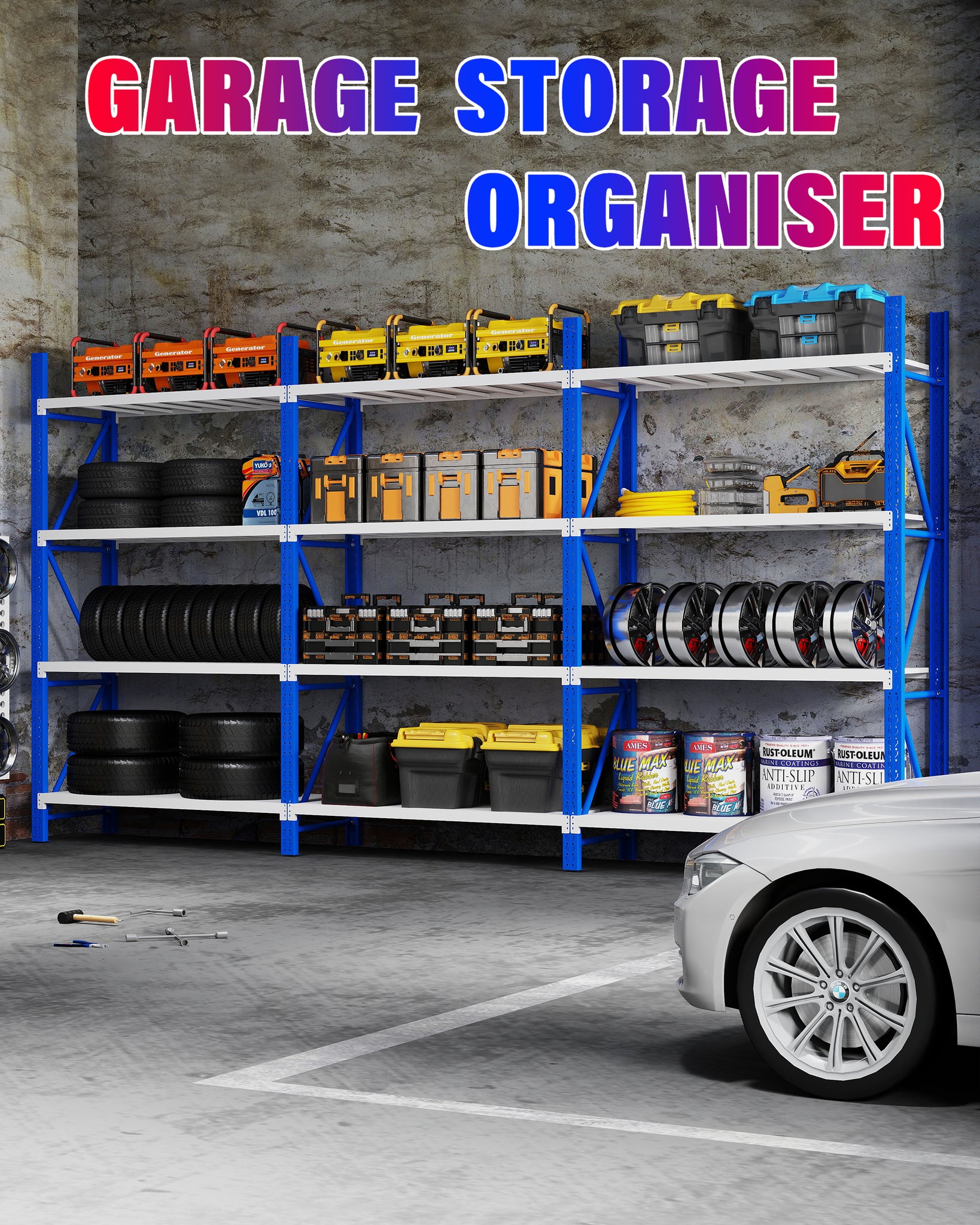 4.5M(L) X 2.4M(H) X 0.6M(D) HEAVY DUTY LONG BAY  SHELVES RACKING METAL STEEL BLUE AND WHITE 4524