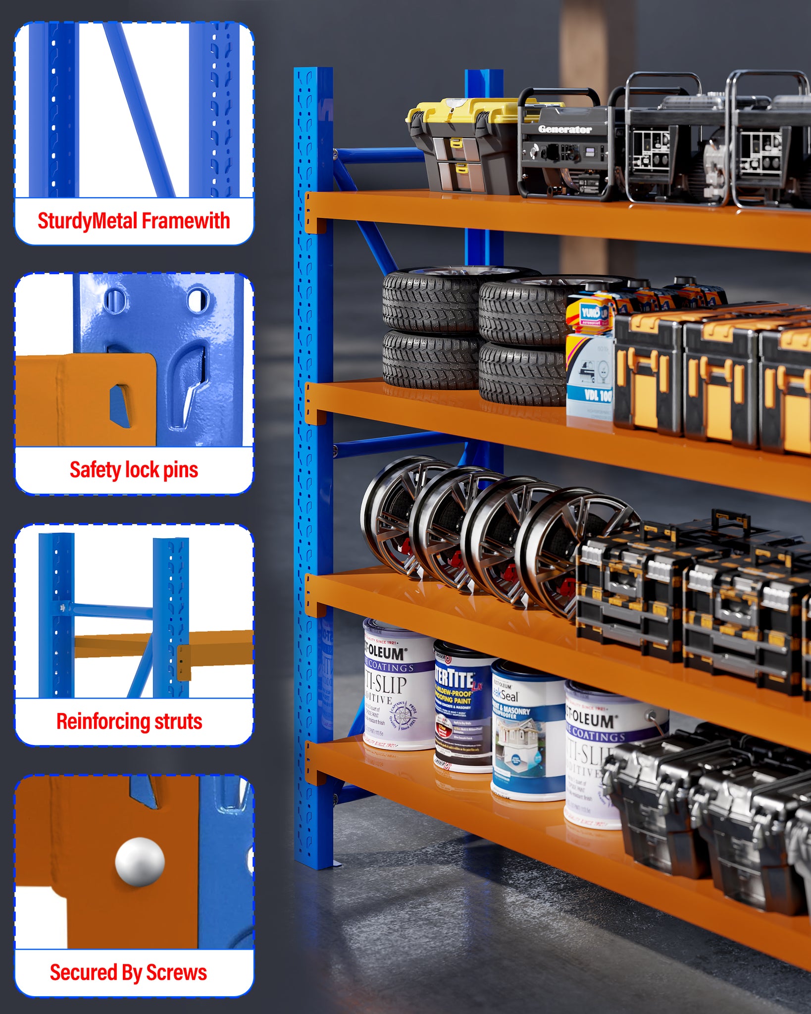6M(L) X 1.8M(H) X 0.6M(D) Heavy Duty Metal Steel Shelving – Garage & Warehouse & Workshop Racking BLUE AND ORANGE 6018