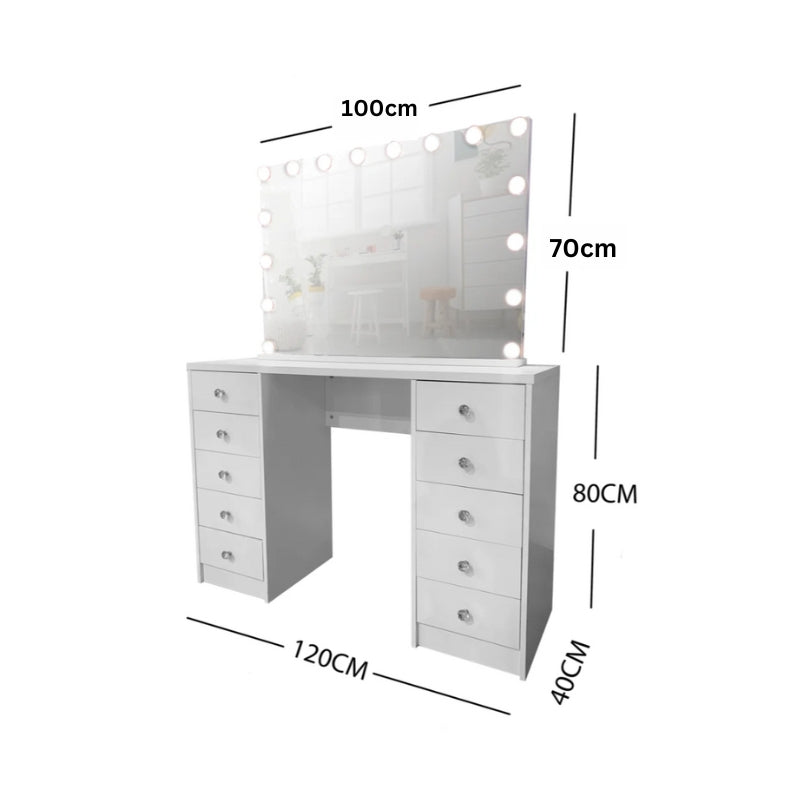 (Flat Packed) KL-DS07 1200mm (L)  WHITE MAKE-UP DRESSER TABLE WITH LED MIRROR WITH 10 DRAWERS  (NO STOOL)