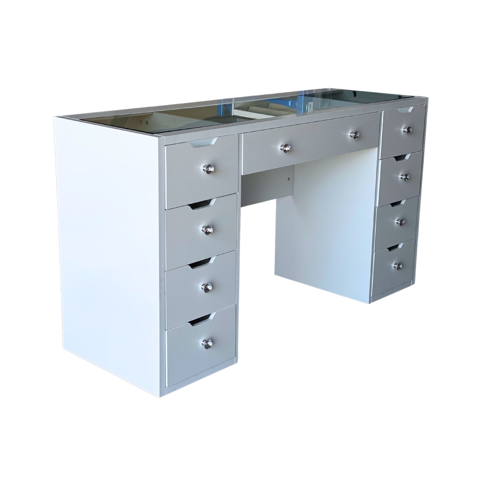 KL-DS11N TB（Brisbane Pick Up)  WHITE GLASS TOP MAKE-UP DRESSER TABLE WITH 9 DRAWERS KL-DS11N (NO STOOL)