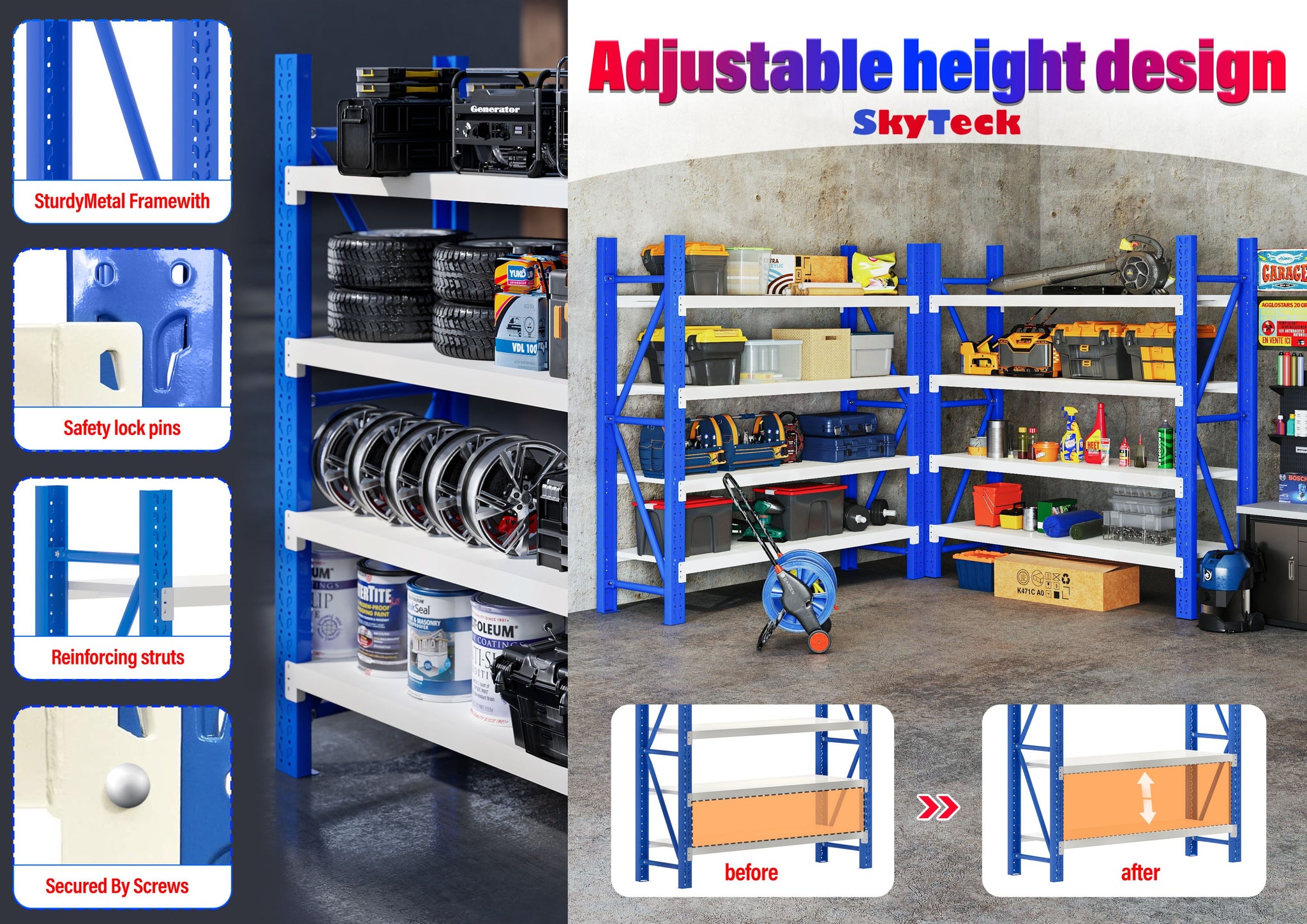 6M(L) X 1.5M(H) X 0.6M(D) Heavy Duty Metal Steel Shelving – Garage & Warehouse & Workshop Racking BLUE AND ORANGE 6015