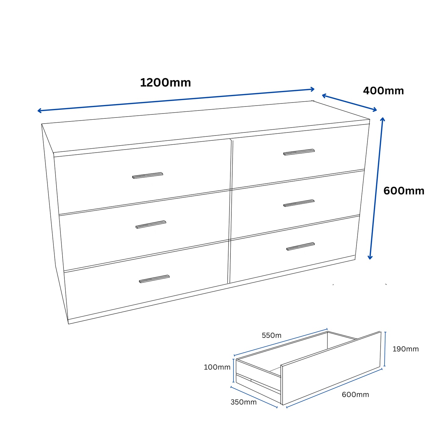 (Brisbane Only) 6-Drawer Horizontal Storage Cabinet White 1200mm Wide
