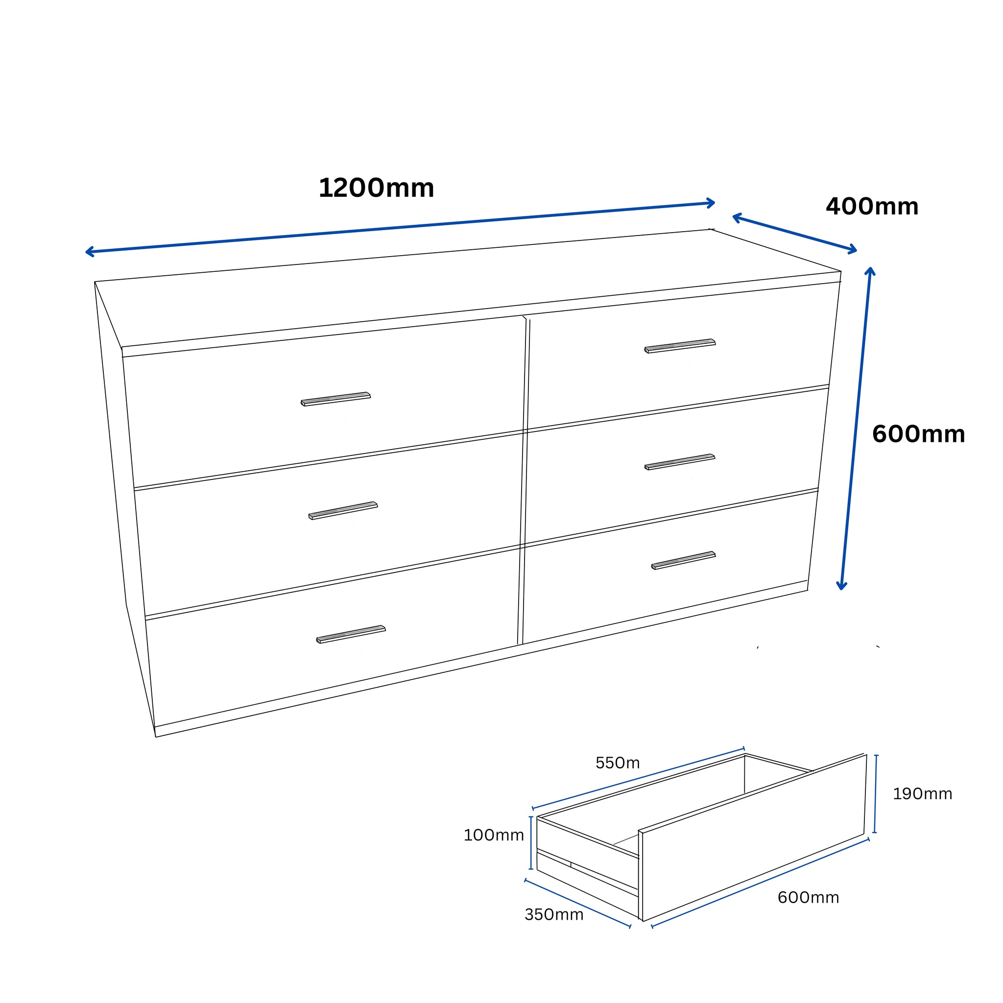 White 6 Drawers Horizontal Storage Wardorbe Cabinet 1200mm (L) x 600mm (H) x 400mm (D)