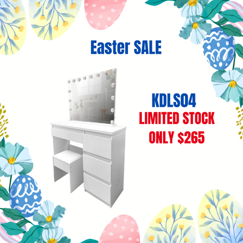 KL-DS04 WHITE MAKE-UP DRESSER TABLE WITH LED MIRROR WITH DRAWERS & PULL OUT CHAIR