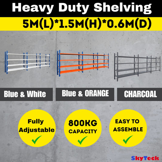 Steel Long Bay Shelving 5m x 1.5m x 0.6m | 200kg Per Shelf Blue and Orange 5015BO