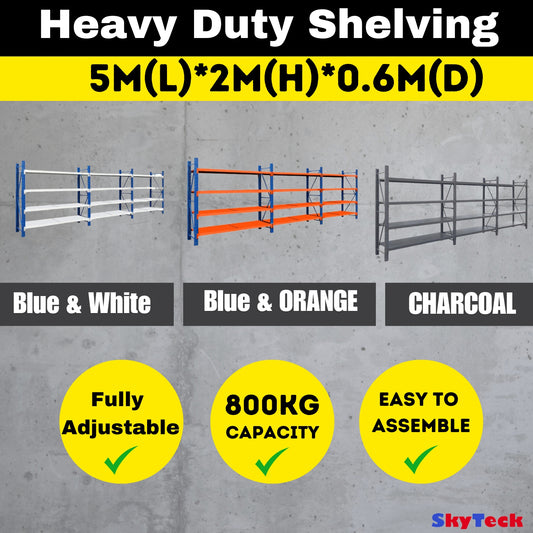 Steel Long Bay Shelving 5m x 2m x 0.6m | 200kg Per Shelf Charcoal 5020G