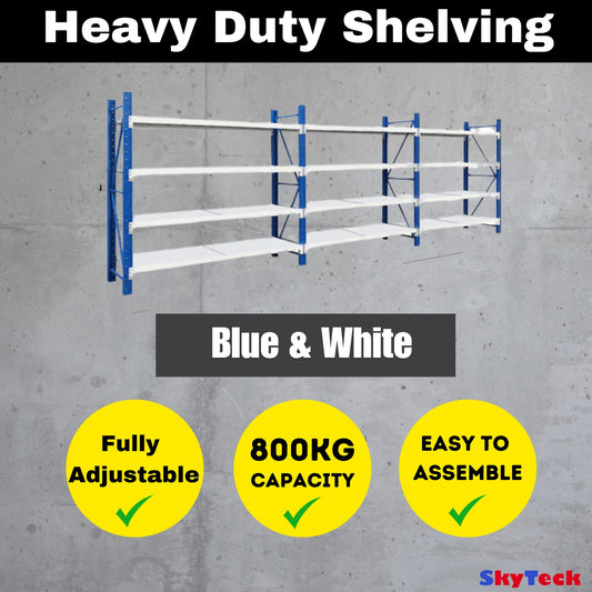 Steel Long Bay Shelving 5m x 2.4m x 0.6m | 200kg Per Shelf Blue and White 5024BW
