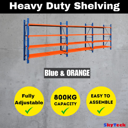 Steel Long Bay Shelving 5m x 2.4m x 0.6m | 200kg Per Shelf Blue and Orange 5024BO
