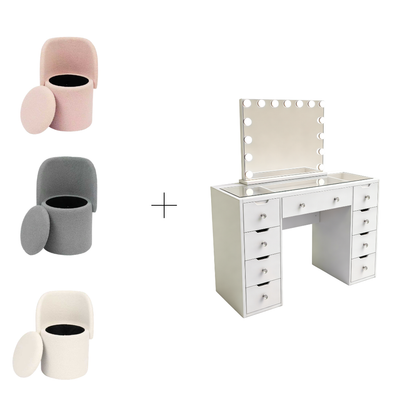 1200mm (with stool) White Glass Top Vanity Dressing Table with LED Mirror and 9 Drawers