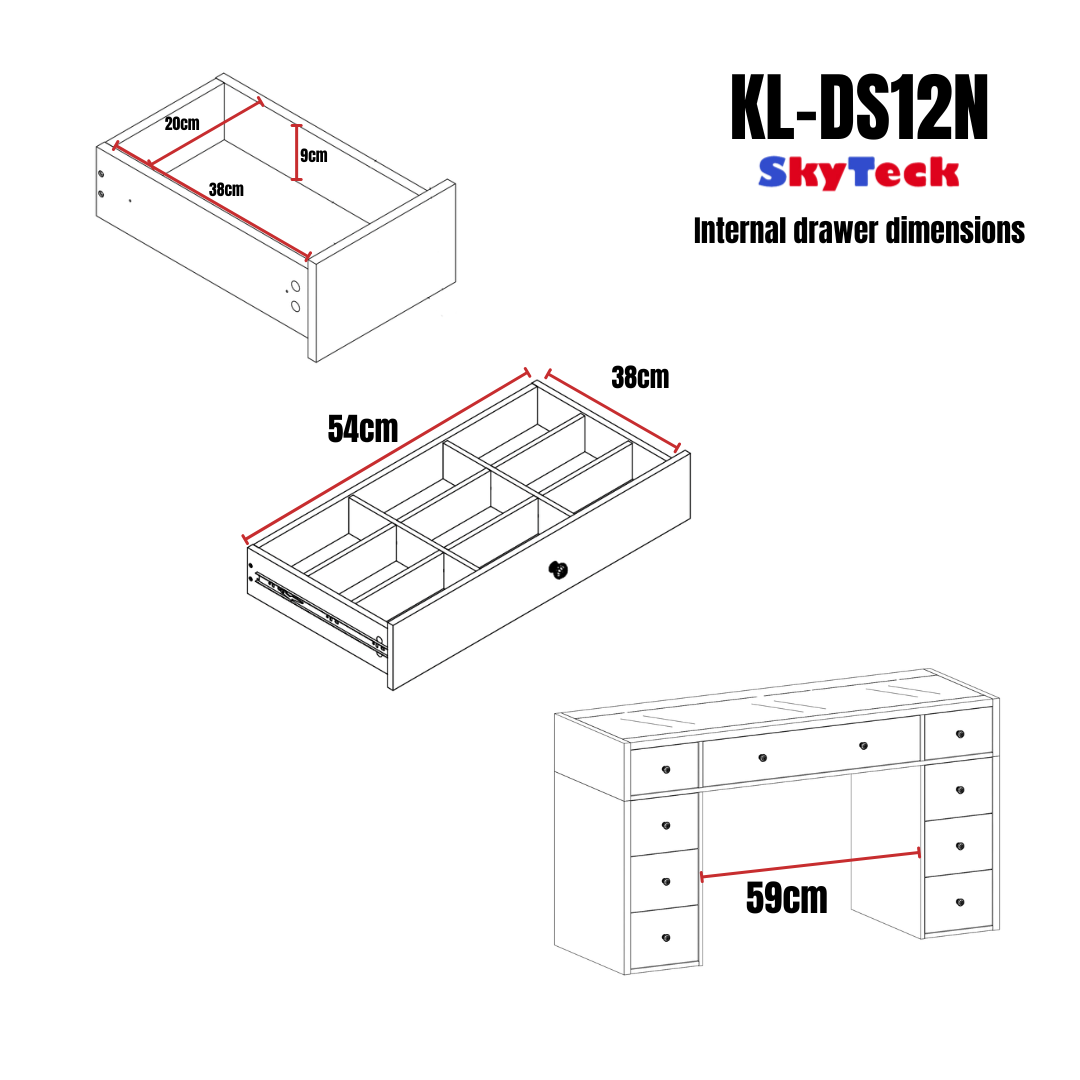 1200mm White Glass Top Makeup Vanity Table with 9 Drawers, 1200mm