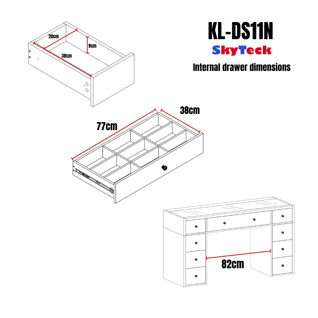 1430mm White Glass Top Vanity Table with 9 Drawers — KL-DS11N