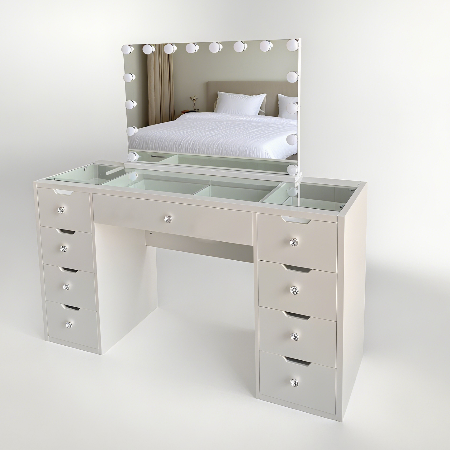 1200mm (with stool) White Glass Top Vanity Dressing Table with LED Mirror and 9 Drawers