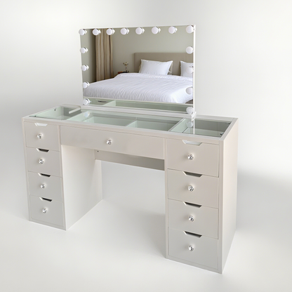 1200mm (with stool) White Glass Top Vanity Dressing Table with LED Mirror and 9 Drawers