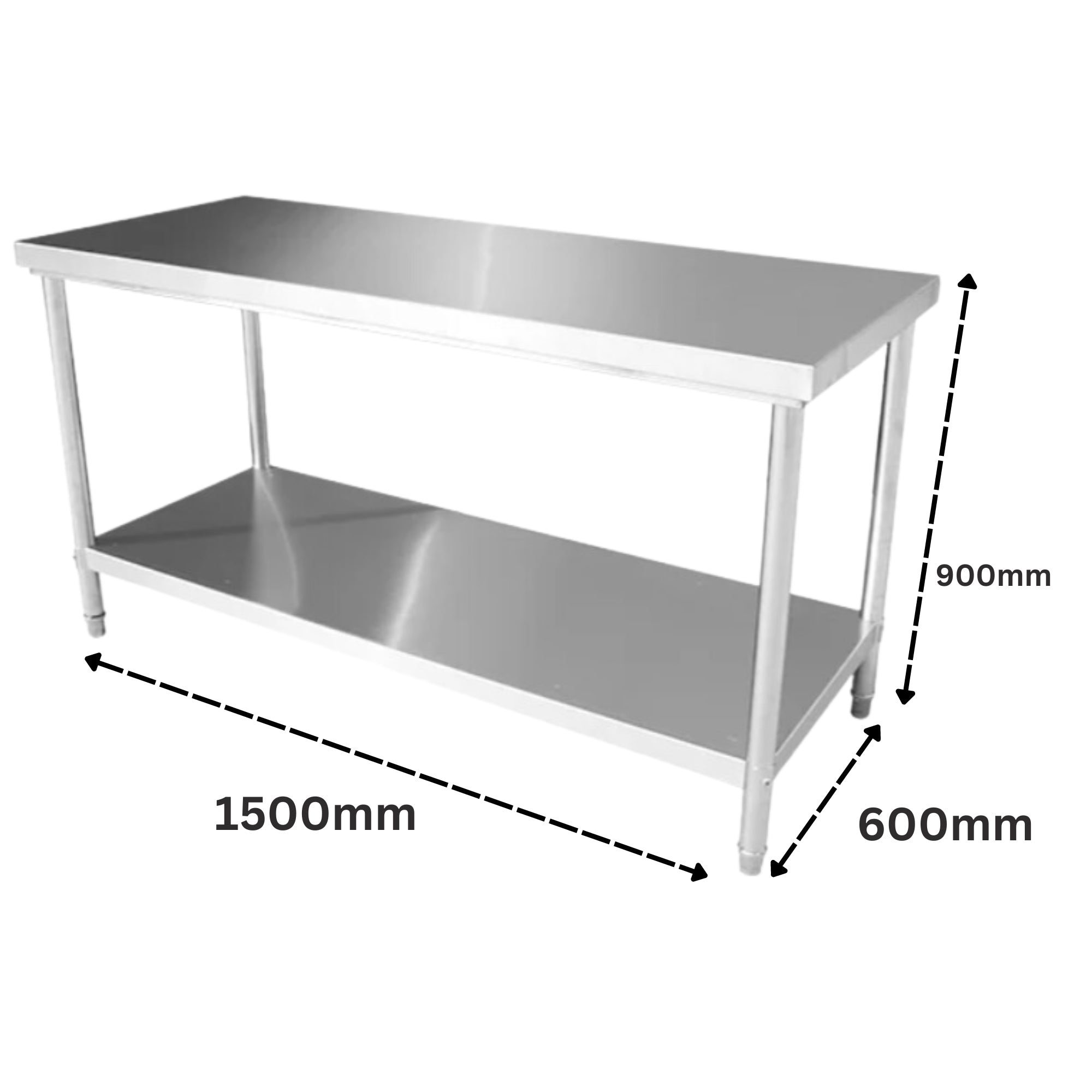 150CM(L) X 60CM(D) X 90CM(H) STAINLESS STEEL METAL 2 TIER WORKBENCH KITCHEN BENCH STORAGE