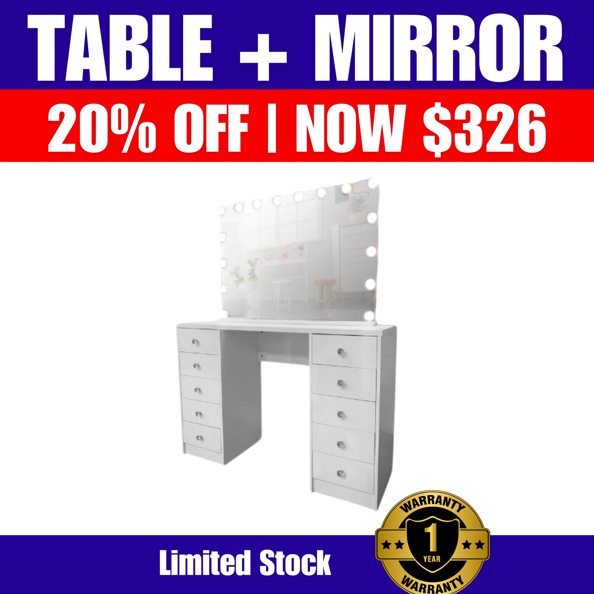 20% off (Brisbane Only) WHITE MAKE-UP DRESSER TABLE WITH LED MIRROR WITH 10 DRAWERS KL-DS07