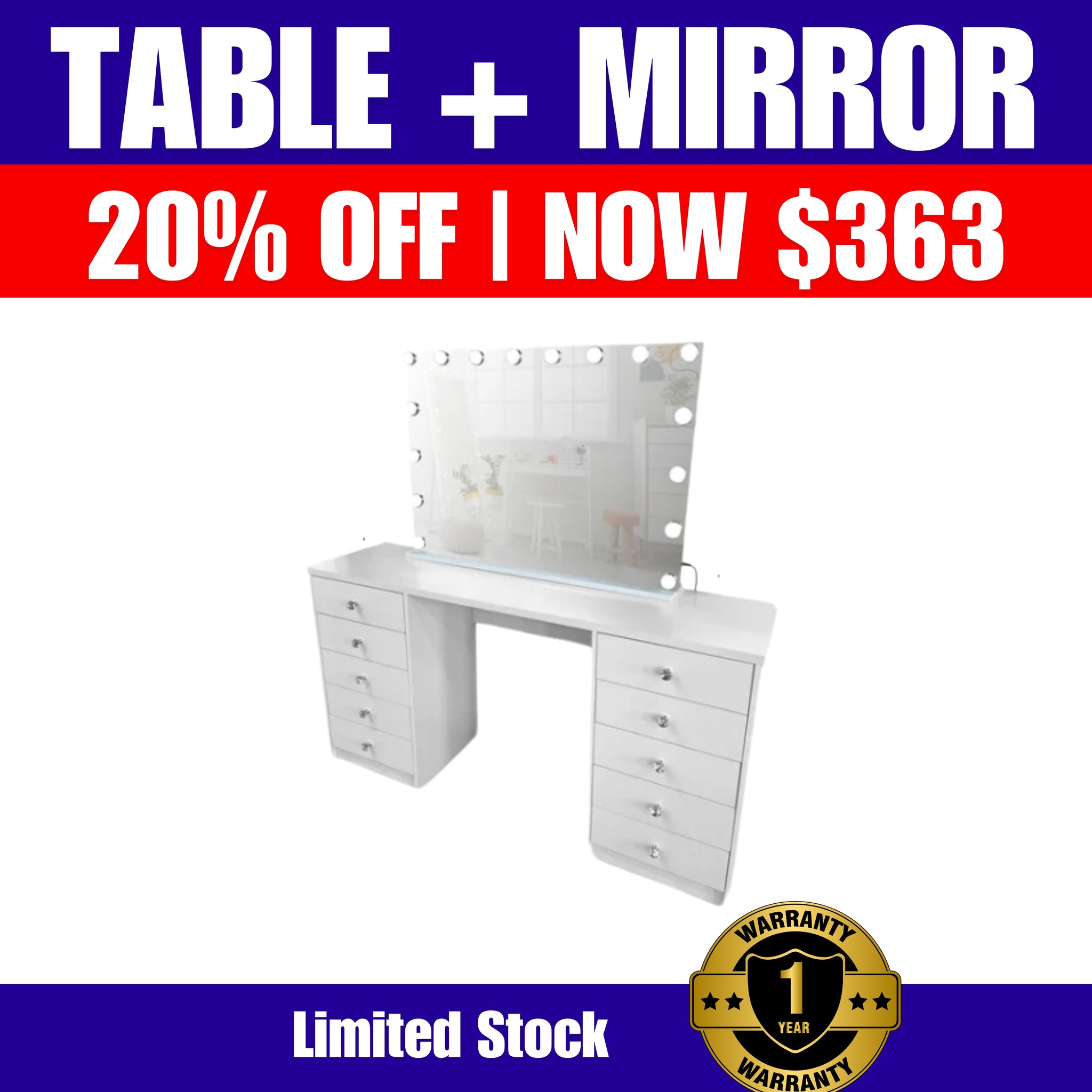 20% off (BRISBANE ONLY) WHITE MAKE-UP DRESSER TABLE WITH LED MIRROR WITH 10 DRAWERS KL-DS06