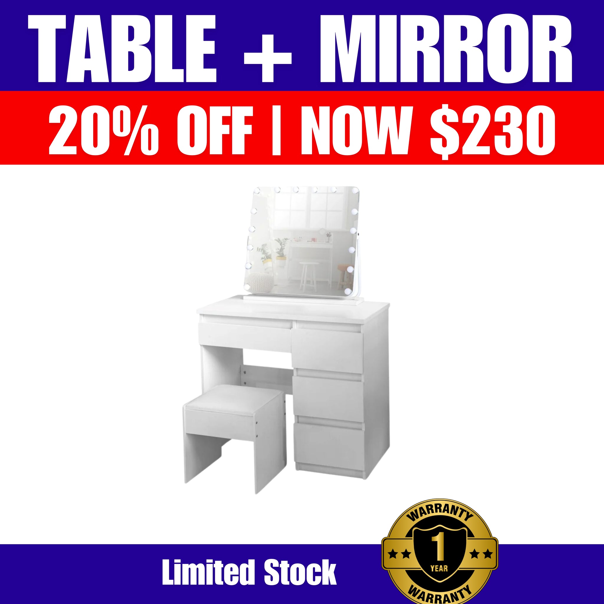 20% off (Brisbane only) WHITE MAKE-UP DRESSER TABLE WITH LED MIRROR WITH DRAWERS & PULL OUT CHAIR KLDS05