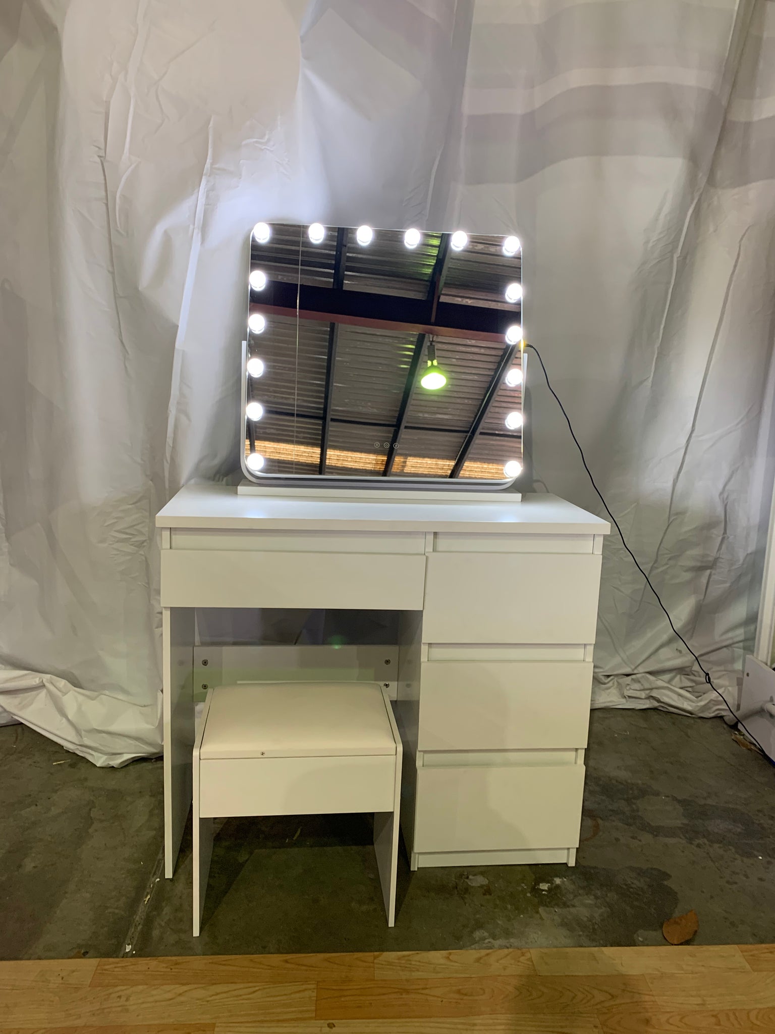 20% off (Brisbane only) WHITE MAKE-UP DRESSER TABLE WITH LED MIRROR WITH DRAWERS & PULL OUT CHAIR KLDS05