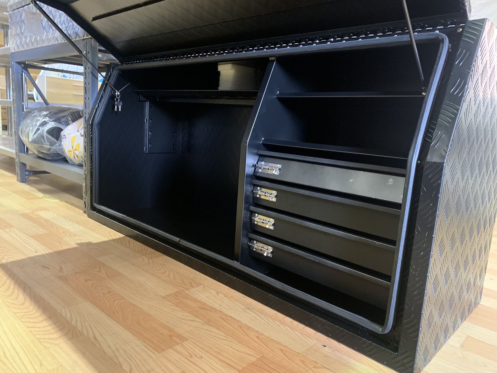 (Full Open) 170cm Aluminium Tool Box UTE Trailer Storage (4x drawers + Adjustable Shelf) BLACK