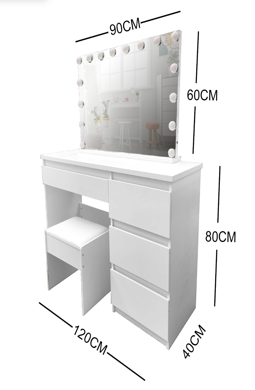 WHITE MAKE-UP DRESSER TABLE WITH LED MIRROR WITH DRAWERS & PULL OUT CHAIR KL-DS04