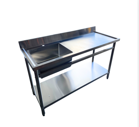 (BRISBANE & SYDNEY ONLY) 1500mmW X 600mm D X 900mm H Single Left Stainless Sink With 120mm Splashback