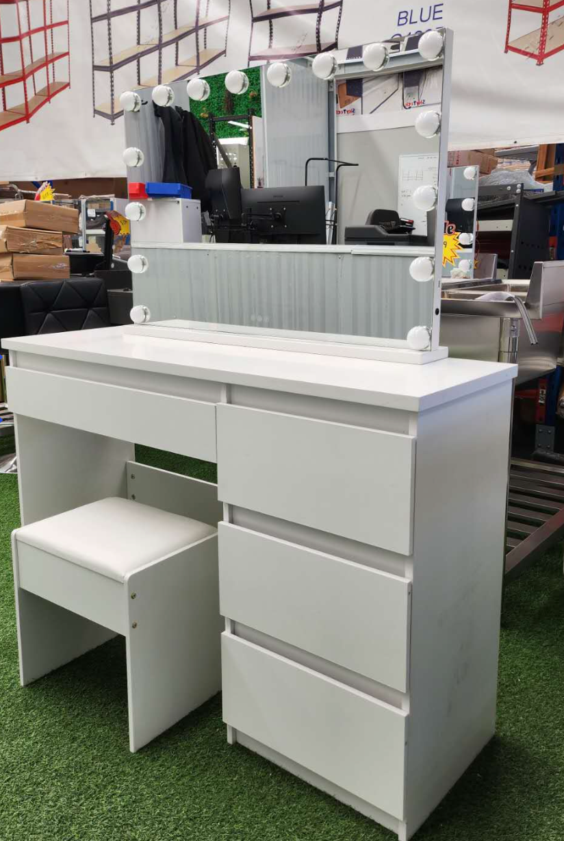 WHITE MAKE-UP DRESSER TABLE WITH DRAWERS & PULL OUT CHAIR KLDS04