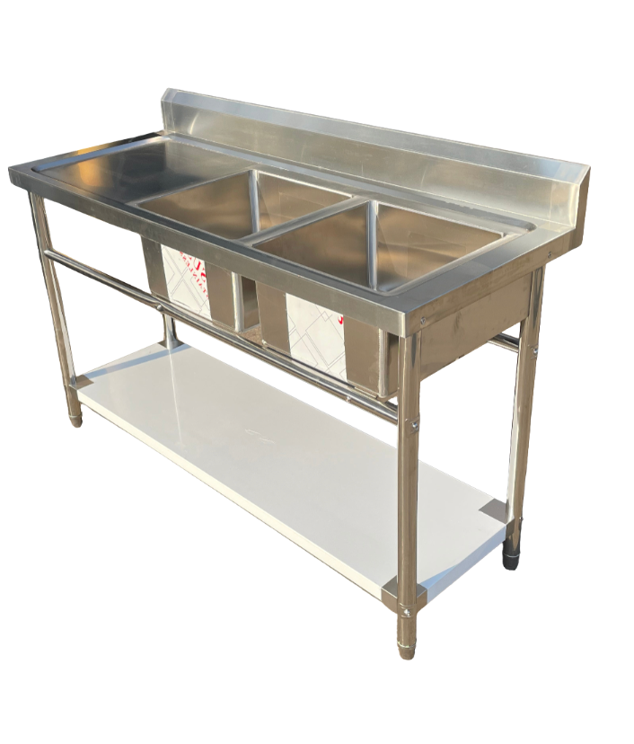 (BRISBANE ONLY) 1500mmW X 600mm D X 900mm H Double Stainless Steel Commerical Kitchen Sink With 120mm Splashback