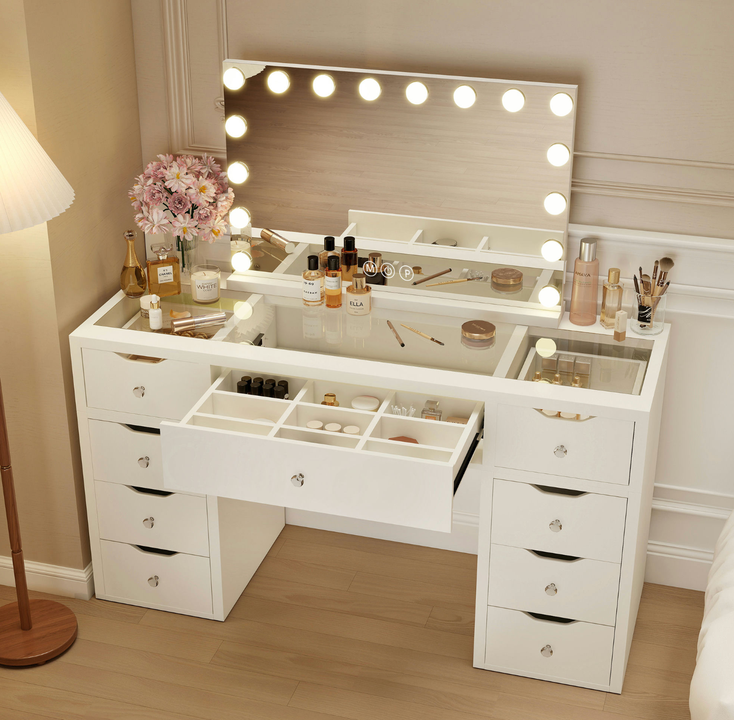 1200mm(L) KL-DS12N WHITE GLASS TOP MAKE-UP DRESSER TABLE WITH LED MIRROR WITH 9 DRAWERS KL-DS11N (Flat Packed) (NO STOOL)
