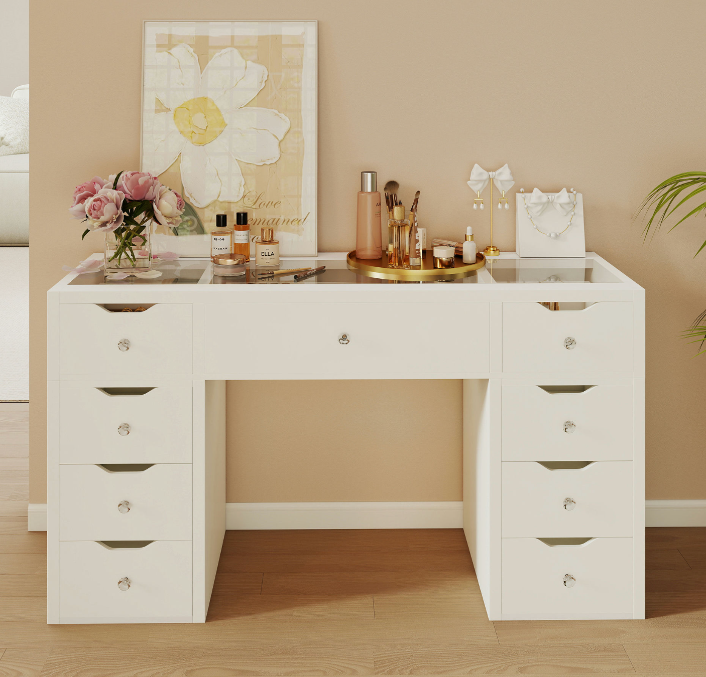 1200mm(L) KL-DS12N WHITE GLASS TOP MAKE-UP DRESSER TABLE WITH LED MIRROR WITH 9 DRAWERS KL-DS11N (Flat Packed) (NO STOOL)