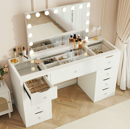 1200mm (with stool) White Glass Top Vanity Dressing Table with LED Mirror and 9 Drawers