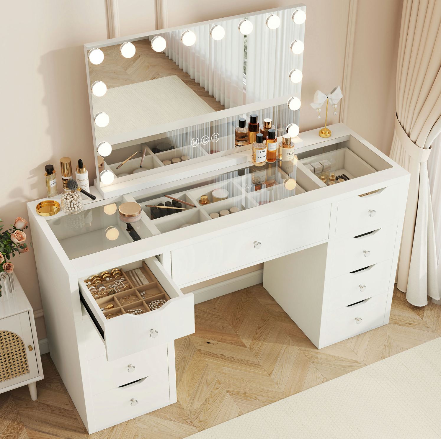 1200mm(L) KL-DS12N WHITE GLASS TOP MAKE-UP DRESSER TABLE WITH LED MIRROR WITH 9 DRAWERS KL-DS11N (Flat Packed) (NO STOOL)