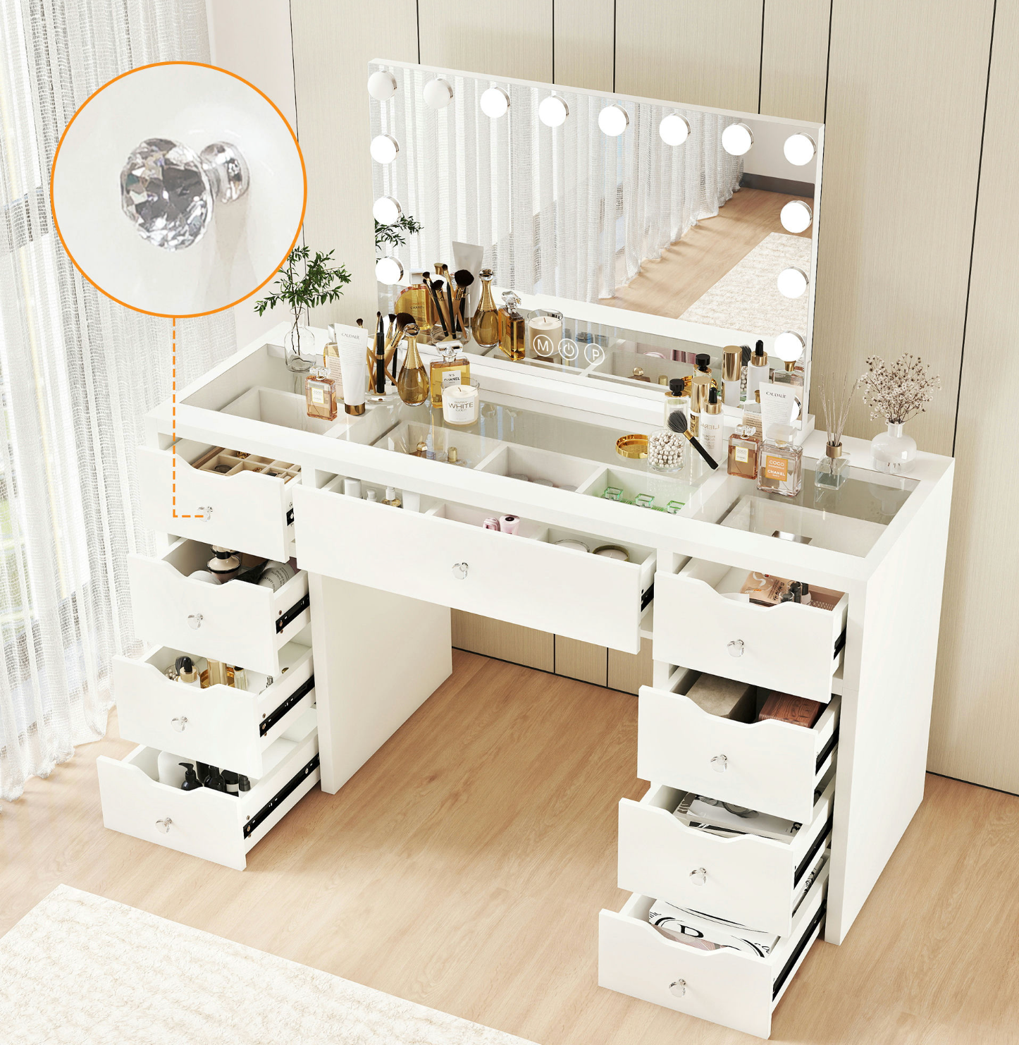 1200mm(L) KL-DS12N WHITE GLASS TOP MAKE-UP DRESSER TABLE WITH LED MIRROR WITH 9 DRAWERS KL-DS11N (Flat Packed) (NO STOOL)