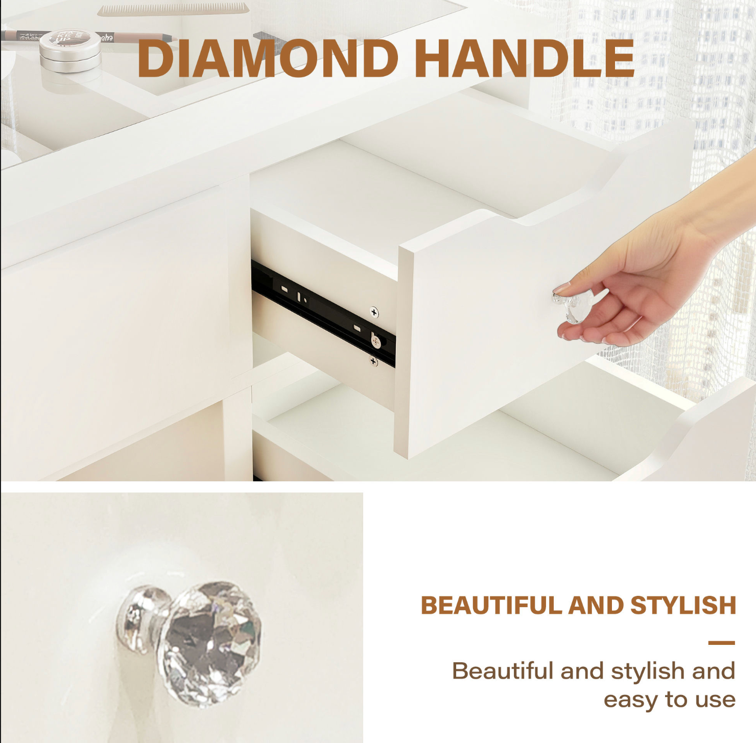 1200mm(L) KL-DS12N WHITE GLASS TOP MAKE-UP DRESSER TABLE WITH LED MIRROR WITH 9 DRAWERS KL-DS11N (Flat Packed) (NO STOOL)