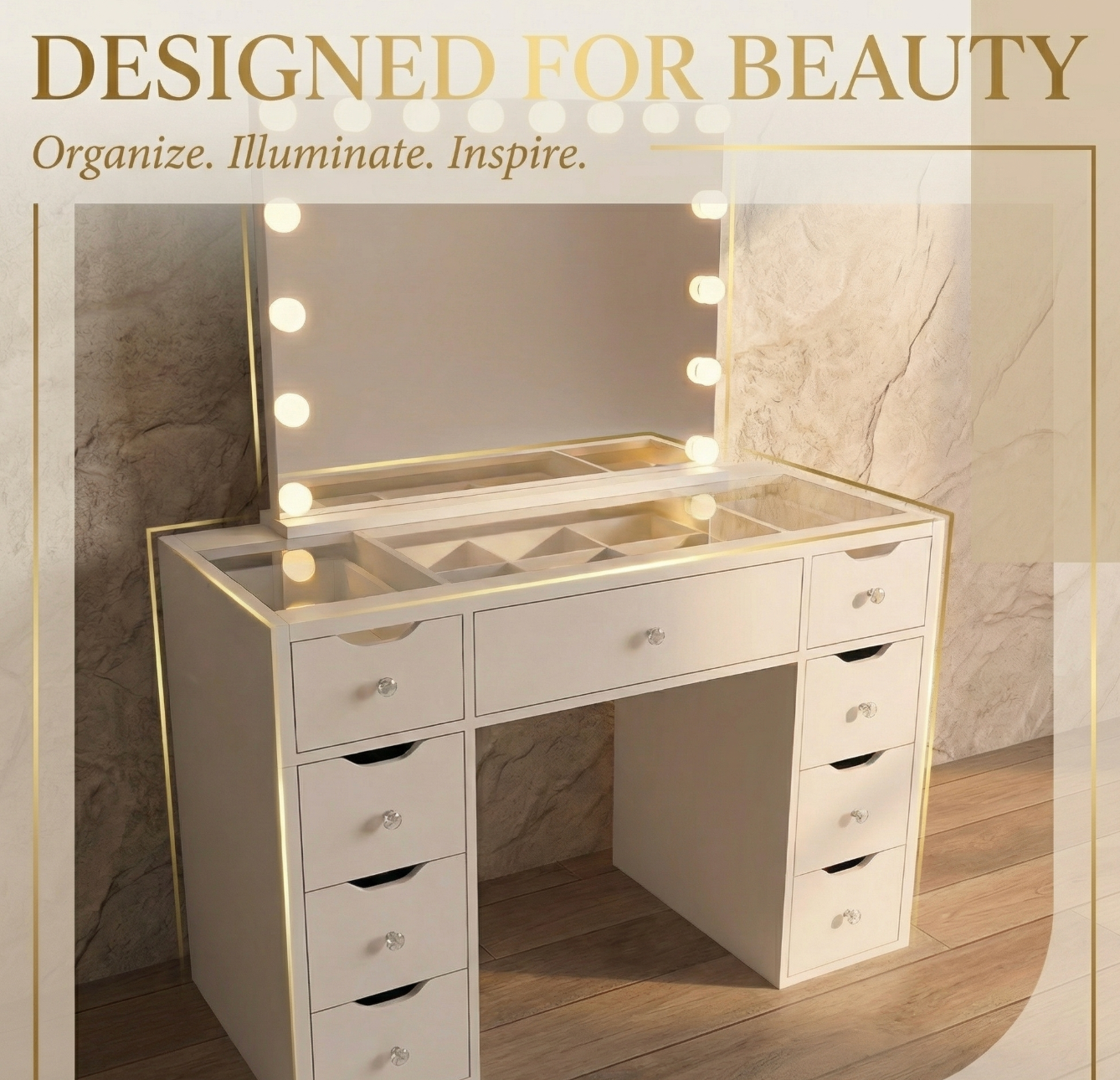 1200mm (with stool) White Glass Top Vanity Dressing Table with LED Mirror and 9 Drawers
