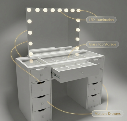 1200mm (with stool) White Glass Top Vanity Dressing Table with LED Mirror and 9 Drawers