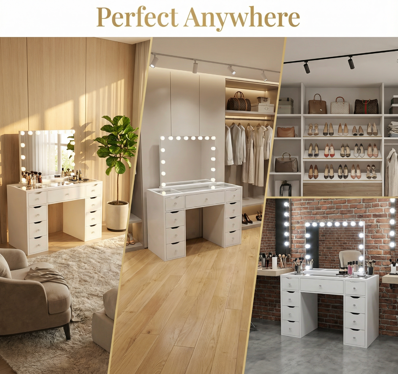 1200mm White Glass Top Makeup Vanity Table with 9 Drawers, 1200mm
