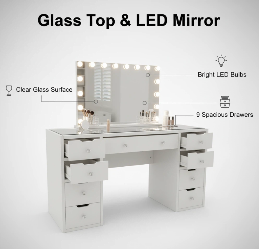 1430mm (with stool) White Glass Top Vanity Dresser with LED Mirror and 9 Drawers, 1430mm